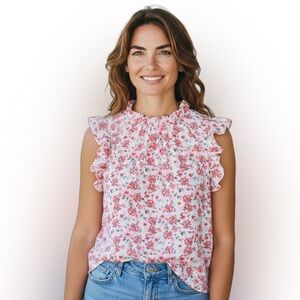 Source Unknown Floral Ruffle Blouse in Pink and White